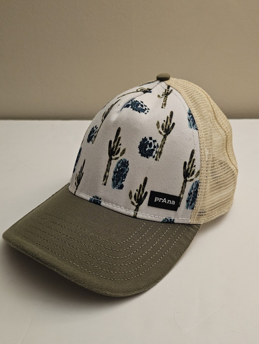 Prana Lower Pines Trucker Hat in Olive, Cream & Blue Cactus Print